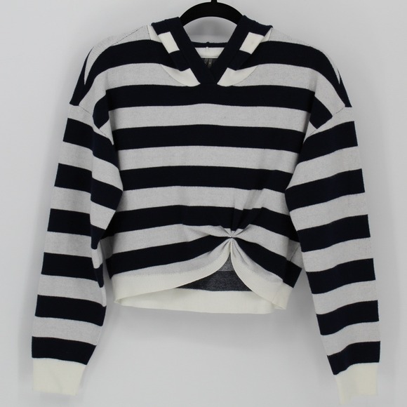Anthropologie‎ $88 Small Navy White Striped Twist Front Cropped Hoodie Sweater - Picture 4 of 14